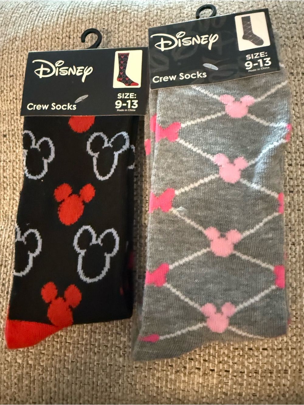 Disney Crew Socks — Black, Gray, Red & Pink Mickey Pattern